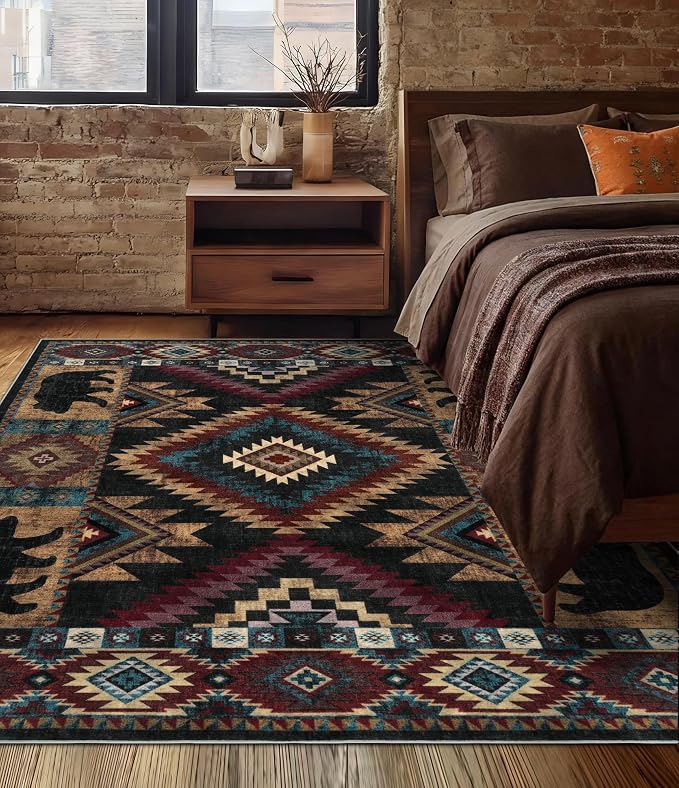 Rustic Cabin Area Rug 4x6, Machine Washable Lodge Bear Rug, Non-Slip Low Pile by YIHOUSE