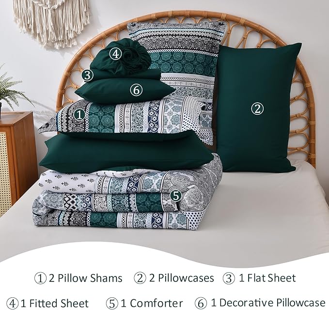 Cottolester Boho Comforter Set King Size,8 Pieces Emerald Green Bohemian Striped Bed in a Bag,Paisley Soft Microfiber Bedding Comforter Set
