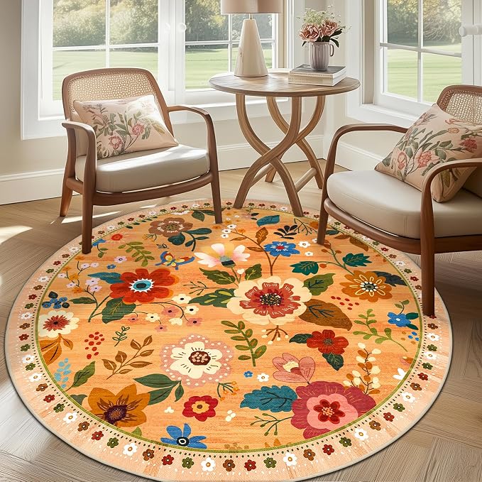 RELEANY Floral Washable Round 6ft Area Rug Yellow/Orange/Red | Flower Carpet by RELEANY