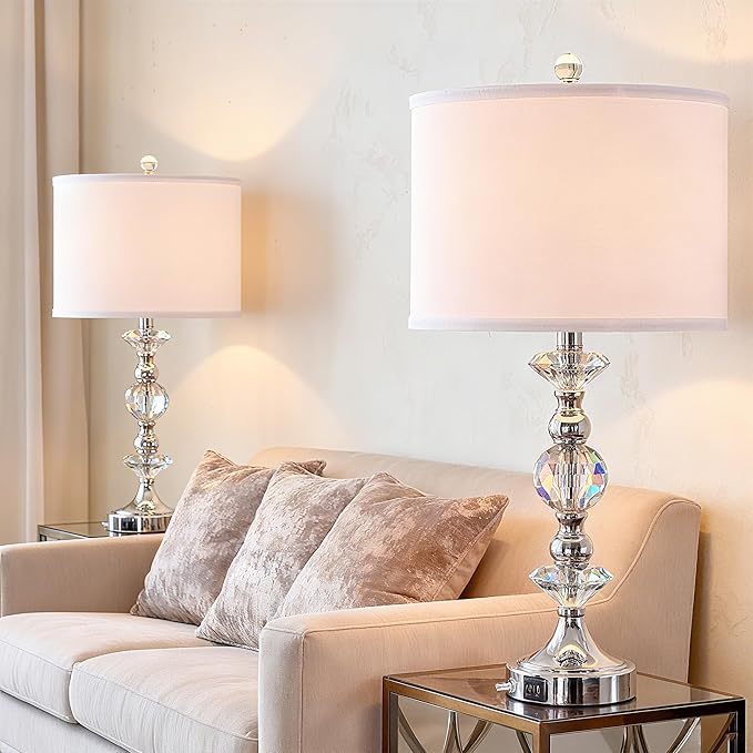 25.5" Crystal Table Lamps Set of 2 for Living Room, Modern Bedside Nightstand Lamps with USB A+C Charging Ports with White Shade, 3 Way Dimmable Nickel Bedroom Lamp for End Table