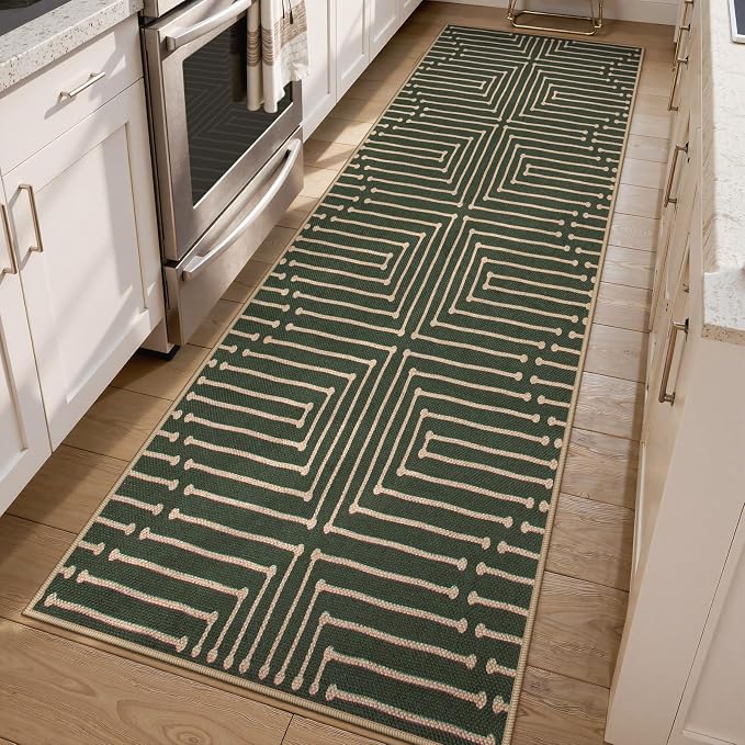 Lahome Maze Line Green Kitchen Runner Rug, 2x8 Outdoor Easy Jute Runner Rug | by Lahome