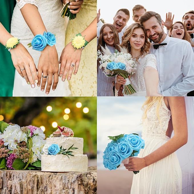 JOYLEX 100Pcs Light Blue Artificial Flowers Realistic Roses, Real Looking Fake Roses with Stem for DIY Wedding Bouquets Centerpieces Bridal Shower Party Home Romantic Decorations (Light Blue, 100pcs)