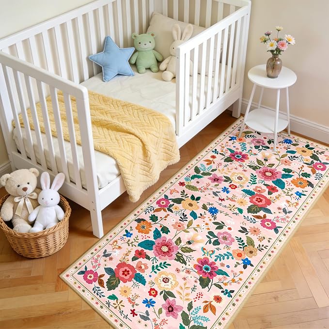 Floral Washable 2x5 Area Rugs Runner Entryway Hallway Pink | Flower Carpet - Image 2