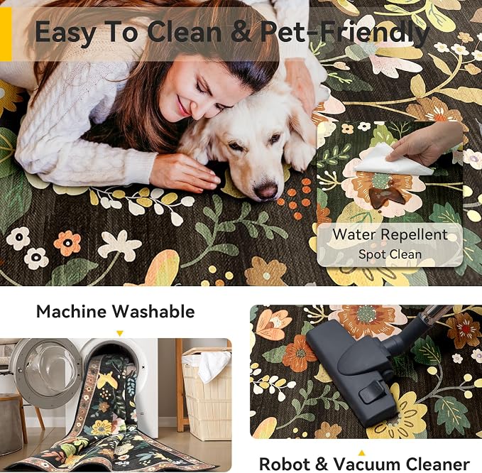 RELEANY Floral Washable 9x12 Area Rugs Black/Yellow | Flower Carpet Print Boho - Image 4