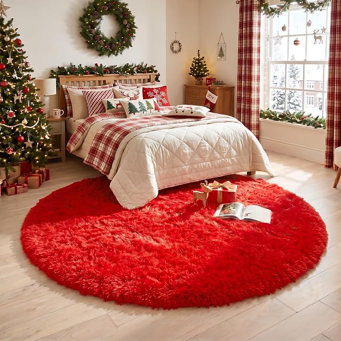 Amdrebio Red Fluffy Plush Large Round Area Rug 7Ft by Amdrebio