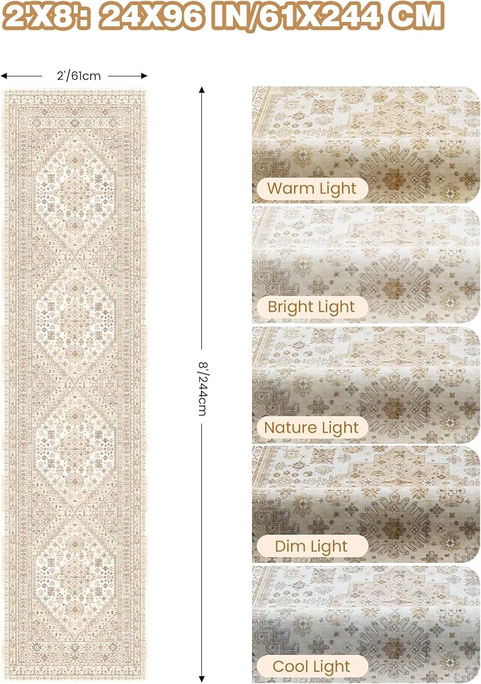 Runner Rug 2x8 Runners for Hallways Washable Rugs, Cream/Beige | Vintage - Image 2