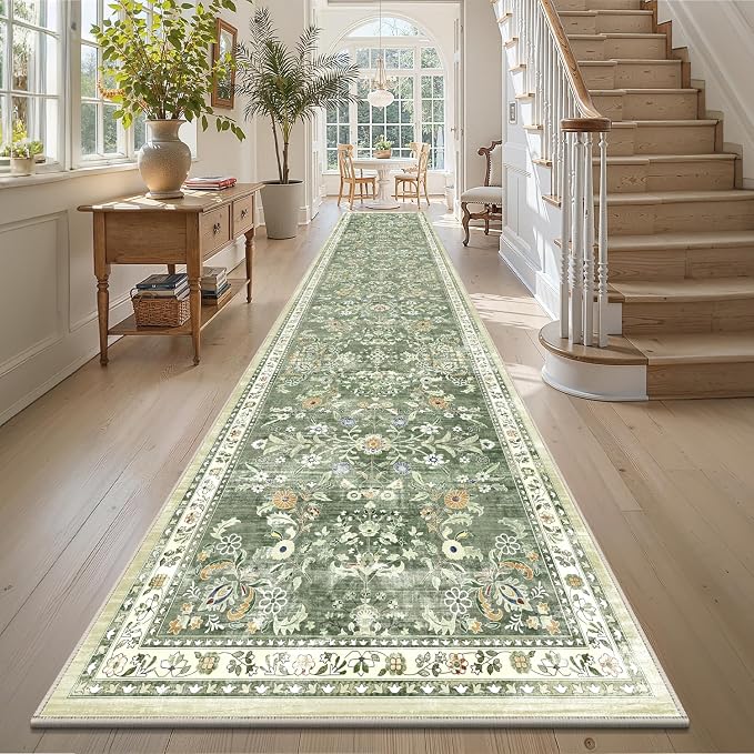 Yamaziot 3x14 Washable Hallway Runner Rug Non Slip Floral Carpet, Sage Green | by Yamaziot