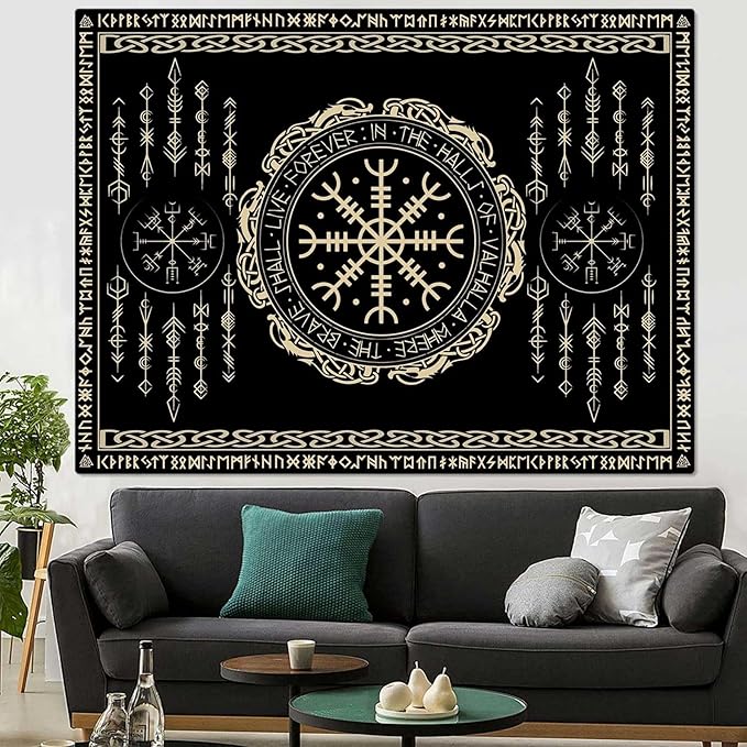 OSUNBD Nordic Vikings Tapestry Large 108x90inches Soft Flannel Vegvsir Symbol Amulet Celtic Rune Scandinavian Aesthetic Mythology Tapestry Wall Hanging for Bedroom Living Room Decor
