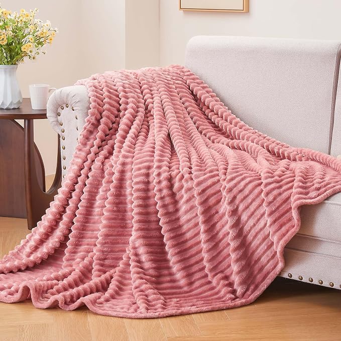 BEDELITE 3D Ribbed Jacquard Pink Fleece Twin Blanket - Image 2