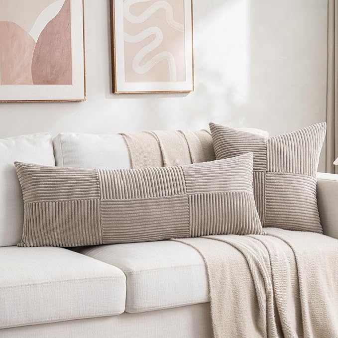 Fancy Homi Set of 2 Neutral Taupe Boho Long Lumbar Body Decorative Throw Pillow - Image 5