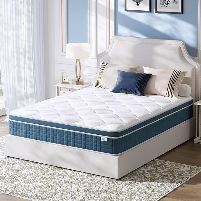 koorlian Queen Mattress 10 Inch, Hybrid Queen Bed Mattress with Individual Pocket Springs and Pressure-Relieving Memory Foam, Breathable, Medium Firm Mattress in a Box Queen Size 80"x60"x10"