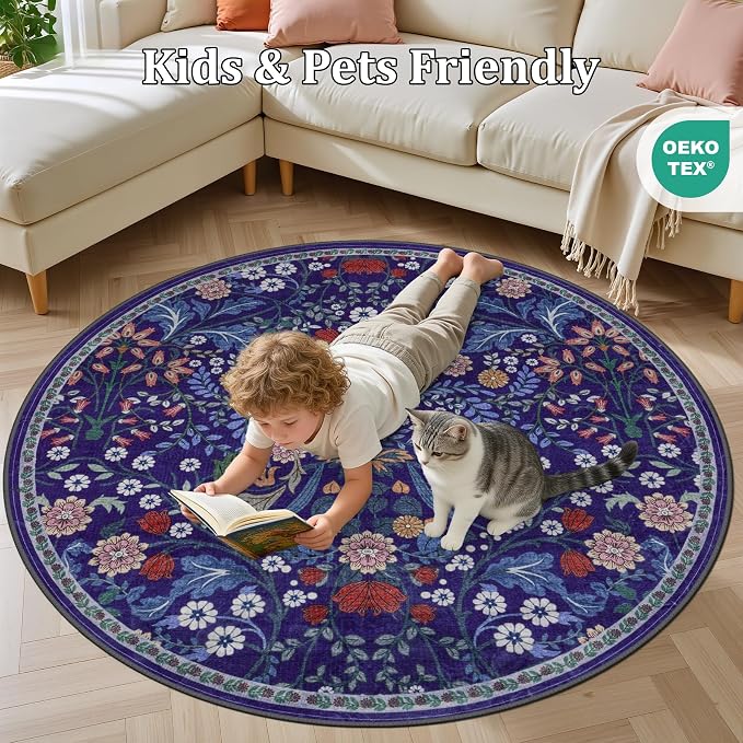 PLHXFR Round Area Rug Living Room: 6 ft Floral Washable Soft Carpet Blue | - Image 8