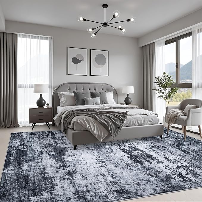 Area Rug Living Room: 4x6 Modern Washable Indoor Carpet Black | - Image 3