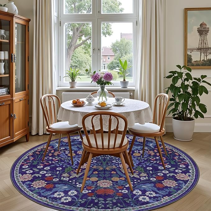 PLHXFR Round Area Rug Living Room: 6 ft Floral Washable Soft Carpet Blue | - Image 4