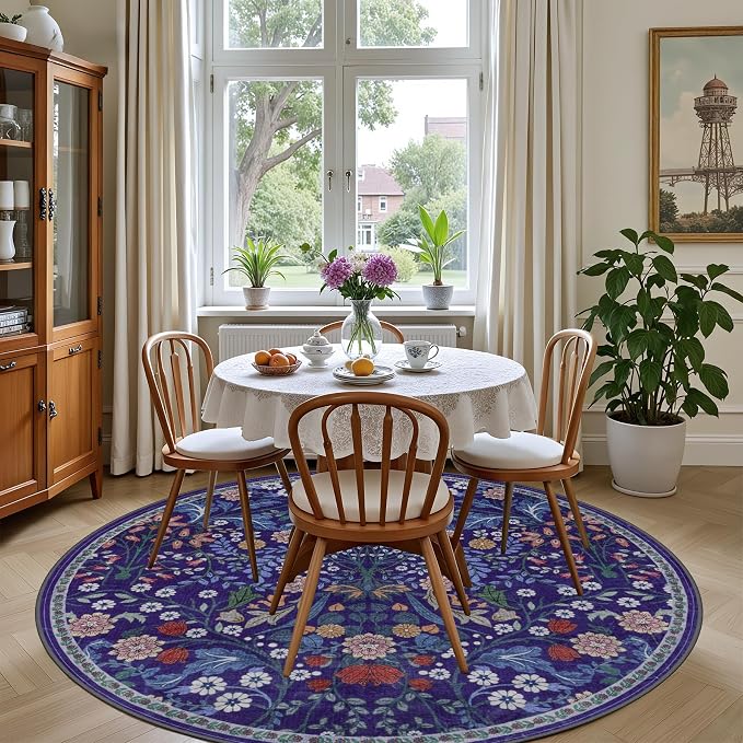 PLHXFR Round Area Rug Living Room: 4 ft Floral Washable Soft Carpet Blue | - Image 4