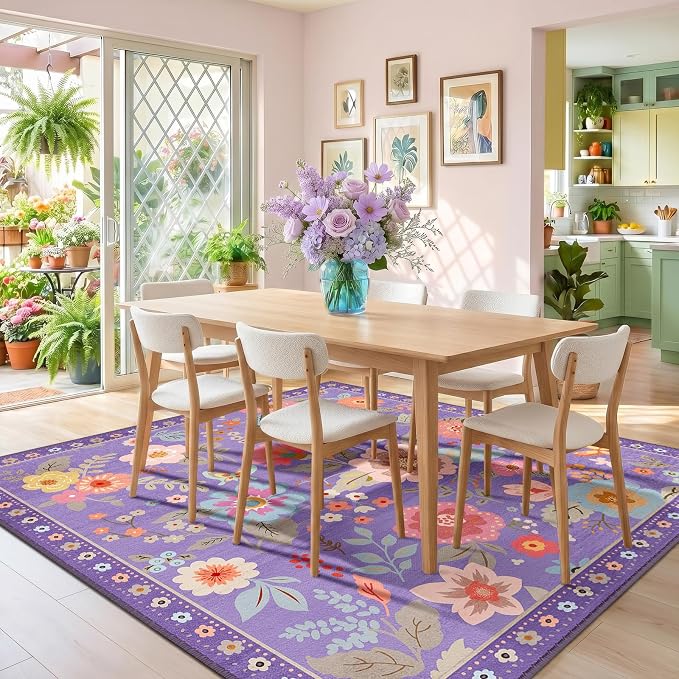 RELEANY Floral Washable Square 8ft Area Rug Purple/Pink | Flower Carpet Print - Image 9