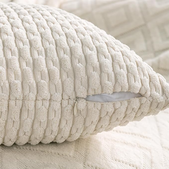 Set of 4 Cream White Decorative Throw Pillow Covers 12x20 Inch Corduroy Pillow - Image 4