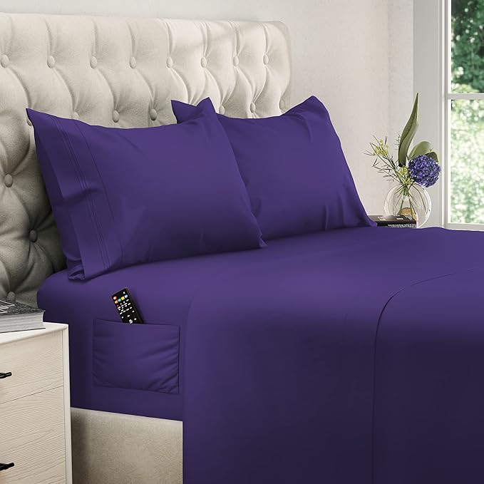 DREAMCARE Full Size – 4 pcs Cooling Sheets – up to 21” Deep Full Sheet Set – Hotel Luxury Sheets & Pillowcases – Superior Softness 100% Polyester with Side Pocket – Purple
