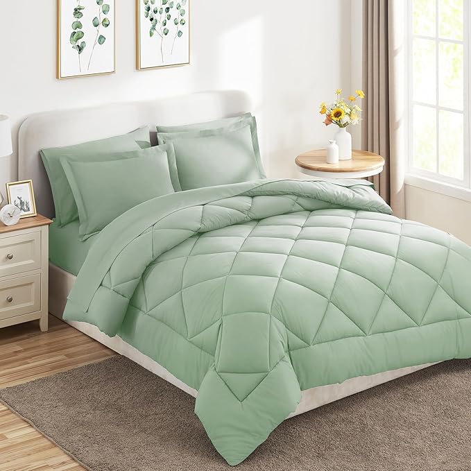 CozyLux Twin XL Comforter Set Sage Green - 5 Pieces Twin Extra Long Bed in a Bag for College Dorm, All Season Bedding Set for Girls and Boys, Soft Bed Set with Comforter, Sheets, Pillowcase & Sham