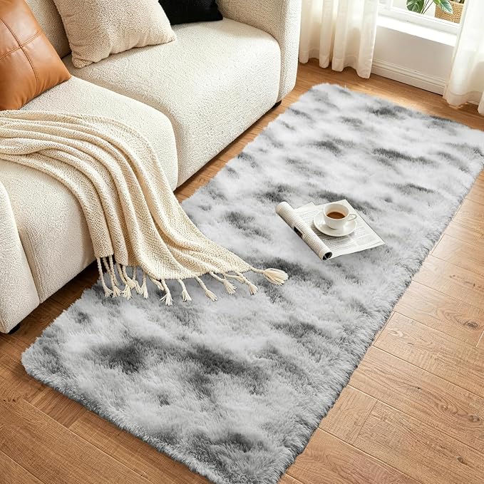 2x6 Tie-Dyed Grey and White Fluffy Runner Rug Non-Slip - Image 3