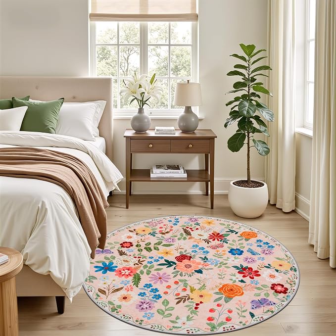 PLHXFR Round Area Rug Living Room: 4 ft Floral Washable Soft Carpet Beige | - Image 3
