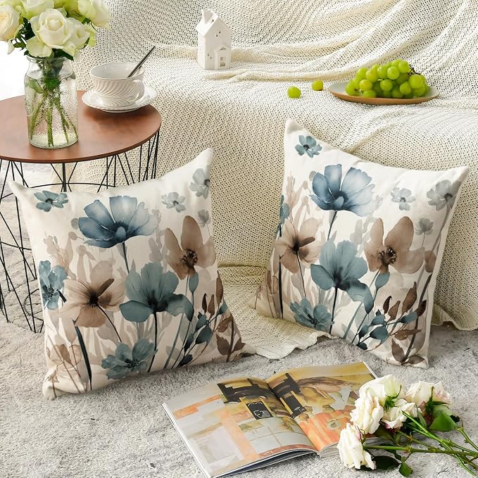 AVOIN colorlife Poppy Flowers Blue Brown Pillow Covers 18x18 Inch Set of 2 | - Image 5