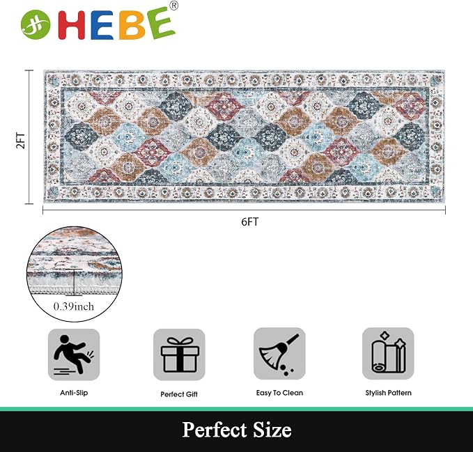 HEBE Hallway Runner Rug 2'x6', Washable Non Slip Kitchen Rug Runner | Soft Boho - Image 2