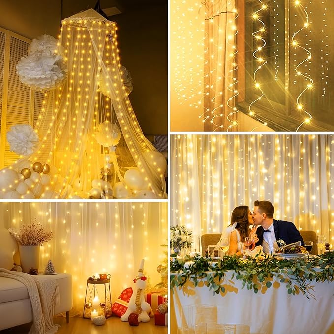 Minetom Curtain Lights, 300 LED Dimmable Fairy Lights with Remote and Timer, 8 Modes, USB Powered String Lights for Room Wall Party Xmas Indoor Decor, Warm White