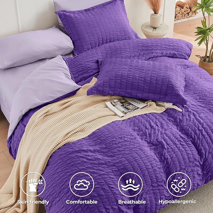 HYMOKEGE Dark Purple/Lavender Twin XL Comforter Set Seersucker 5 Pieces, All Season Luxury Bed in a Bag for Bedroom, Bedding Set with Comforter, Sheets, Pillowcase & Sham