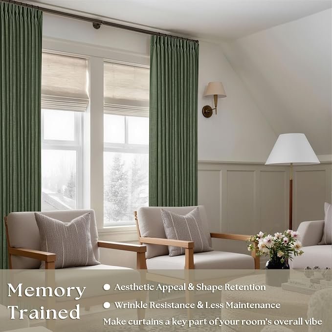 Olive Green Linen Pinch Pleated Light Filtering Curtains 84 Inches Long | Semi - Image 2