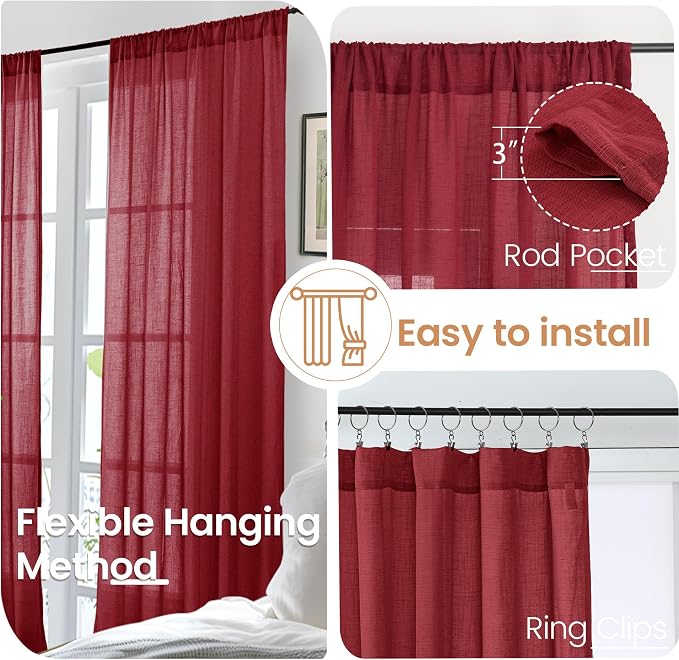 BGment Burgundy Linen Kitchen Curtains - Image 6