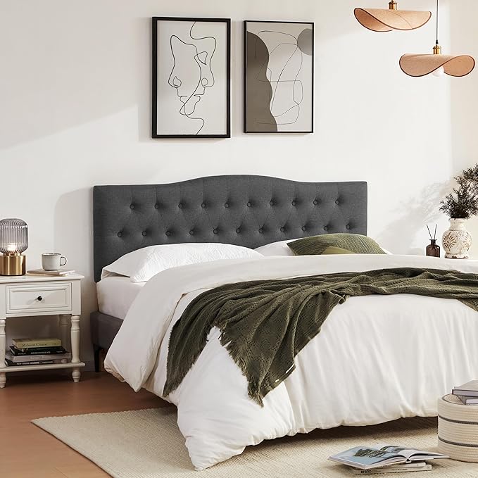 Tufted Upholstered Headboard King Size, Sturdy and Durable Solid Wood Bed headboard, Fabric Headboard Adjustable Height from 37” to 51”, Modern Button Diamond Design Head Board, Black