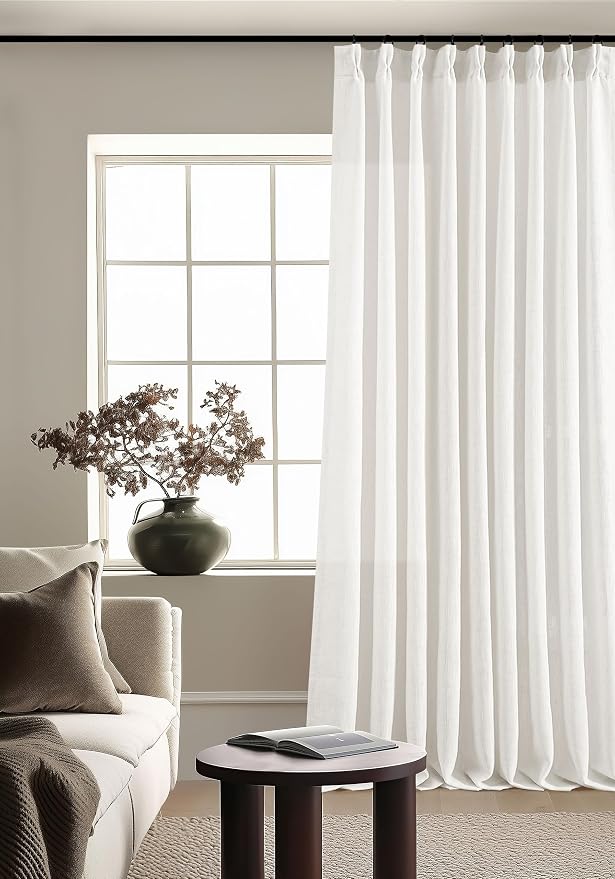 Beige White Pinch Pleated Semi Sheer Linen Curtain 1 Panel 60x108 | Memory by Twodrapes