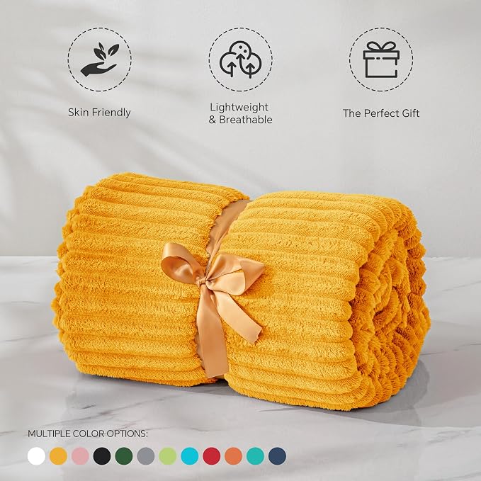 BEDELITE 3D Ribbed Mustard Yellow Fleece Twin Blanket - Image 3