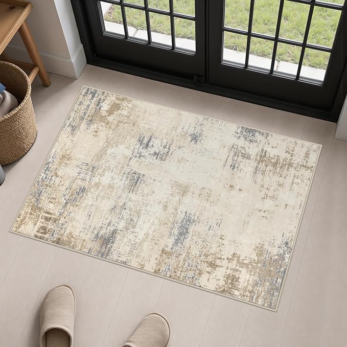 2x3 Washable Entryway Rug: Modern Abstract Soft Carpet Beige Brown | by FXRHLP