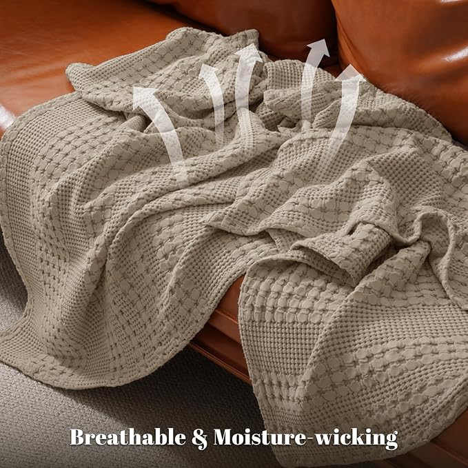PHF 100% Cotton Waffle Weave Throw Blanket, Soft Lightweight Breathable Cozy Throws for Couch Bed Sofa, Luxury Aesthetic Woven Blanket for Home Decor & Office, 50"x60", Taupe