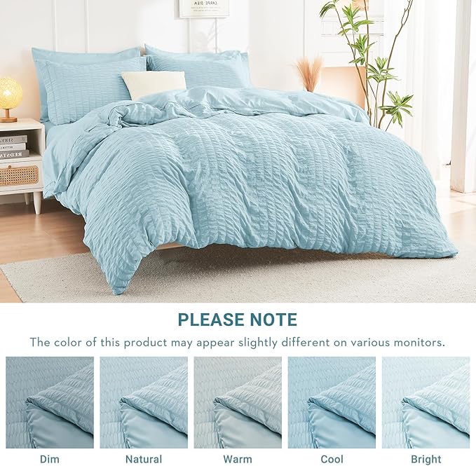 HYMOKEGE Lake Blue King Size Comforter Set Seersucker 7 Pieces, All Season Luxury Bed in a Bag for Bedroom, Bedding Set with Comforters, Sheets, Pillowcases & Shams