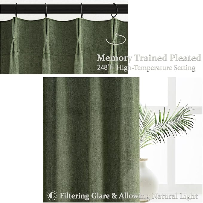 PleatedDrapes Dark Olive Green Pleat Memory Shape Linen Curtains 84 Inch Length - Image 3