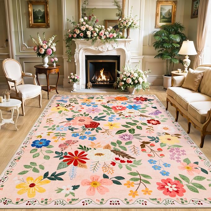 PLHXFR 8x10 Area Rug Living Room: Floral Washable Boho Soft Carpet Beige | by PLHXFRSoftAreaRugs