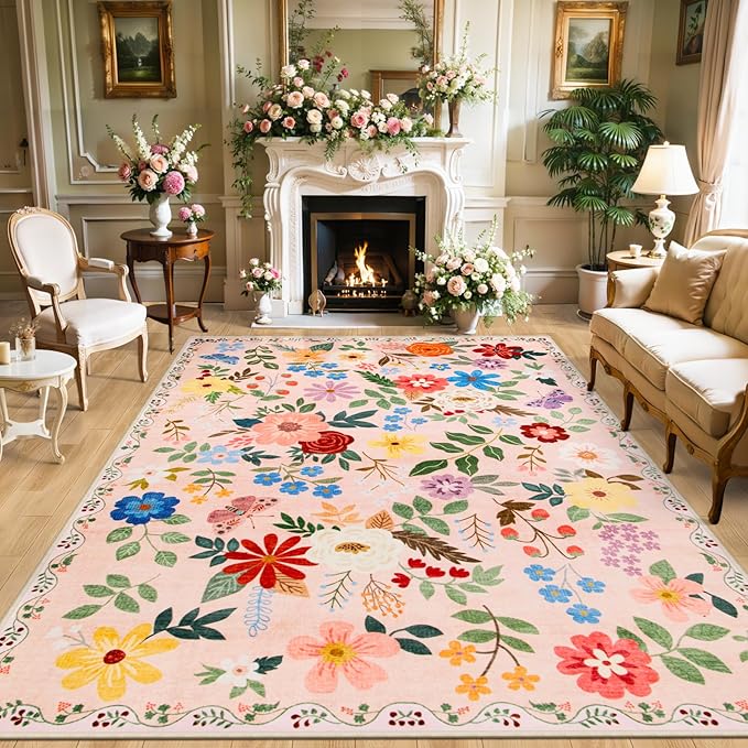 PLHXFR Area Rug 9x12 Living Room: Floral Washable Boho Soft Carpet Beige | by PLHXFRSoftAreaRugs