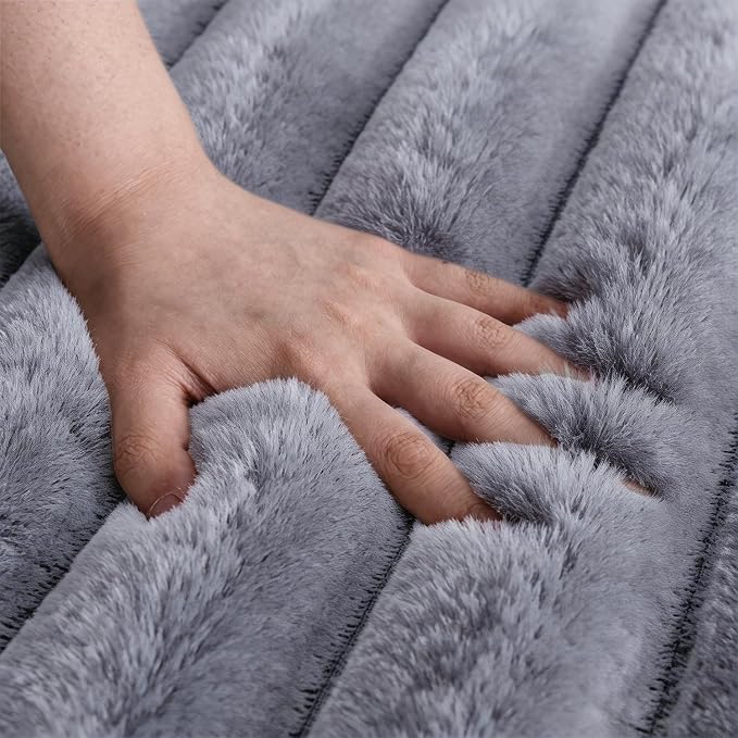 Blue Grey Rabbit Striped Plush Rug 8'x10', Fluffy Shaggy Area Rug - Image 5