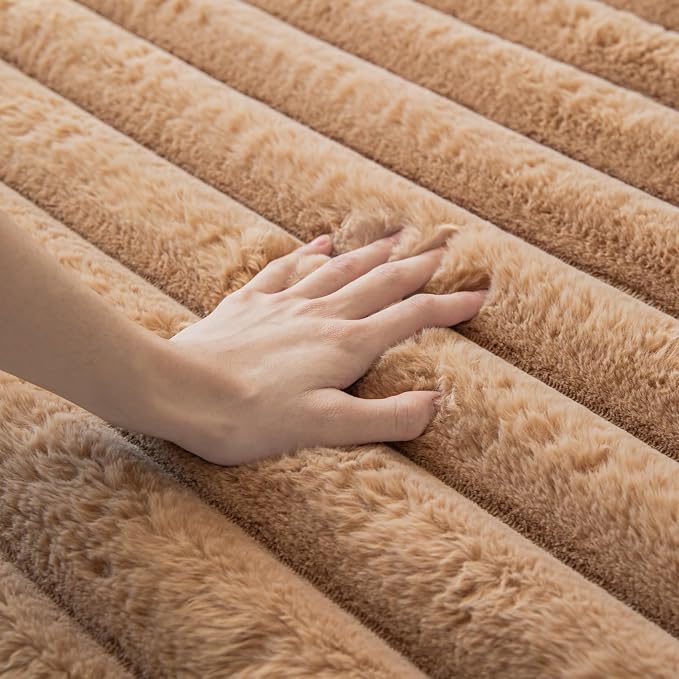 Coffee Rabbit Striped Plush Rug 2'x3', Fluffy Shaggy Area Rug - Image 5
