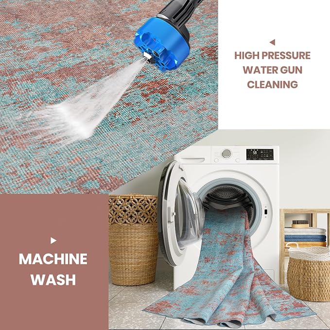 8x10 Washable Area Rugs for Living Room, Dining Room- Blue Red | Ultra Soft Low - Image 3