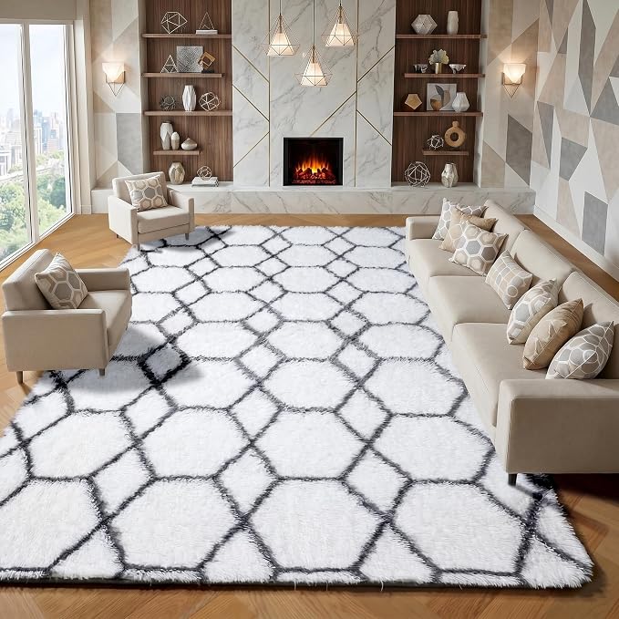 8x10 Area Rugs for Living Room, Fluffy White and Grey Geometric Bedroom Rug | by ONASAR
