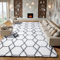 Area Rugs for Living Room, 7x10 Fluffy White and Grey Geometric Bedroom Rug | by ONASAR