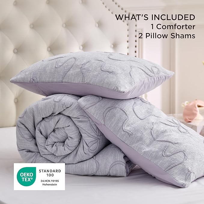 Bedsure Queen Size Comforter Set, Light Purple Boho Tufted Bed Set, 3D Puffy Jacquard Bedding Queen Size, 3 Pieces, 1 Farmhouse Shabby Chic Embroidery Comforter with Bow Pattern & 2 Pillow Cases