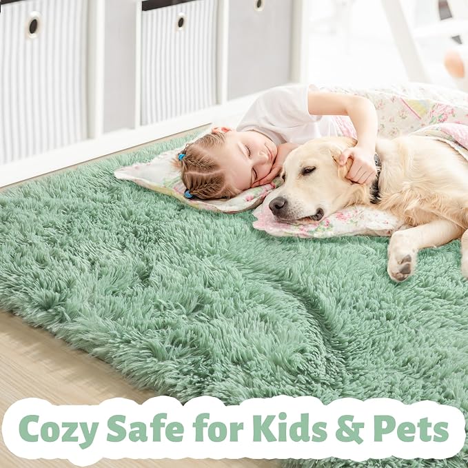 Amdrebio Sage Green Furry Area Rug 5x8 - Image 2