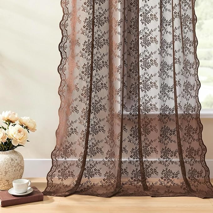 YJ YANJUN Vintage Lace Curtains 90 Inches Long-Victorian Floral Boho Brown - Image 4
