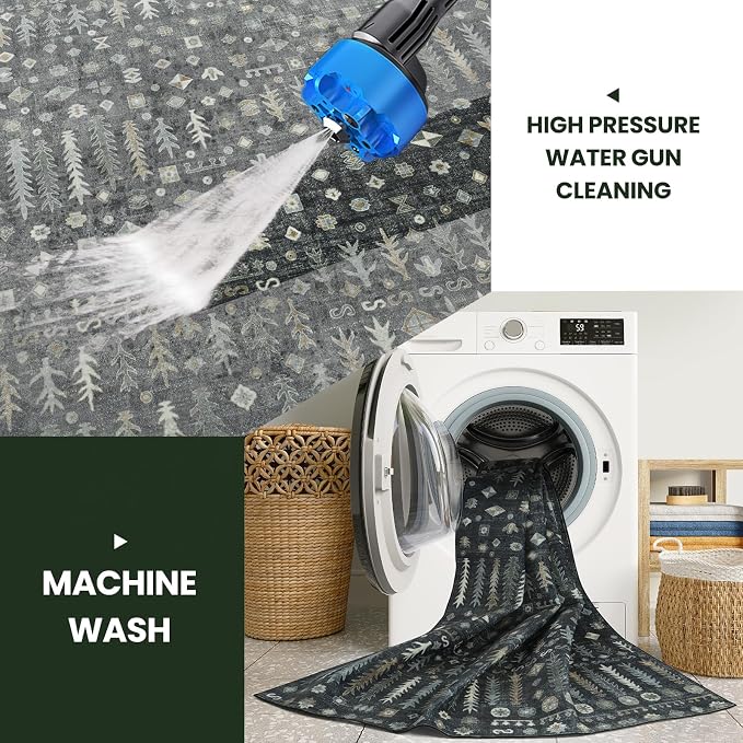 8x10 Retro Washable Area Rugs for Living Room, Dining Room- Black | Ultra Soft - Image 3