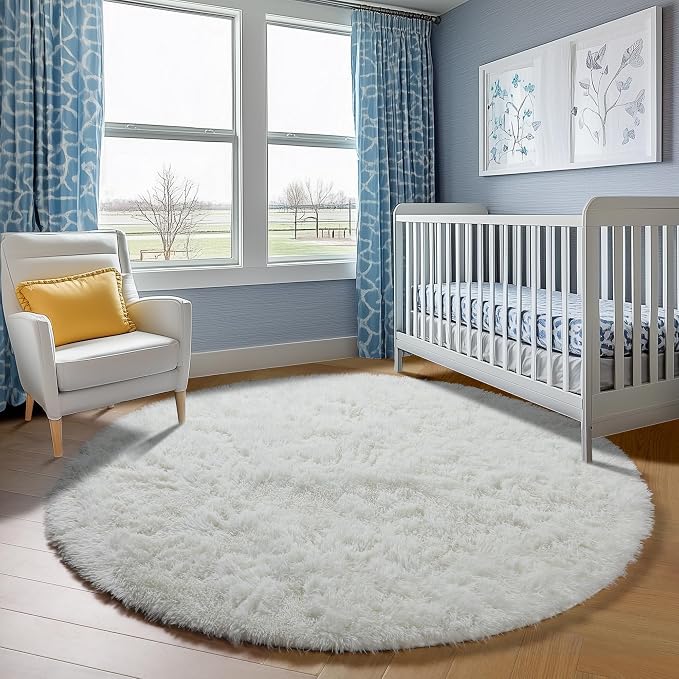 Cream White Round Rugs 8ft for Living Room, Ivory Fluffy Bedroom Circle Area Rug - Image 8